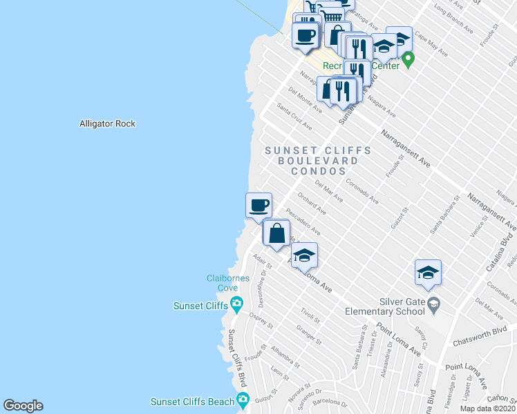 map of restaurants, bars, coffee shops, grocery stores, and more near in San Diego