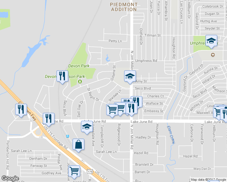 map of restaurants, bars, coffee shops, grocery stores, and more near 7012 Moondale Lane in Dallas
