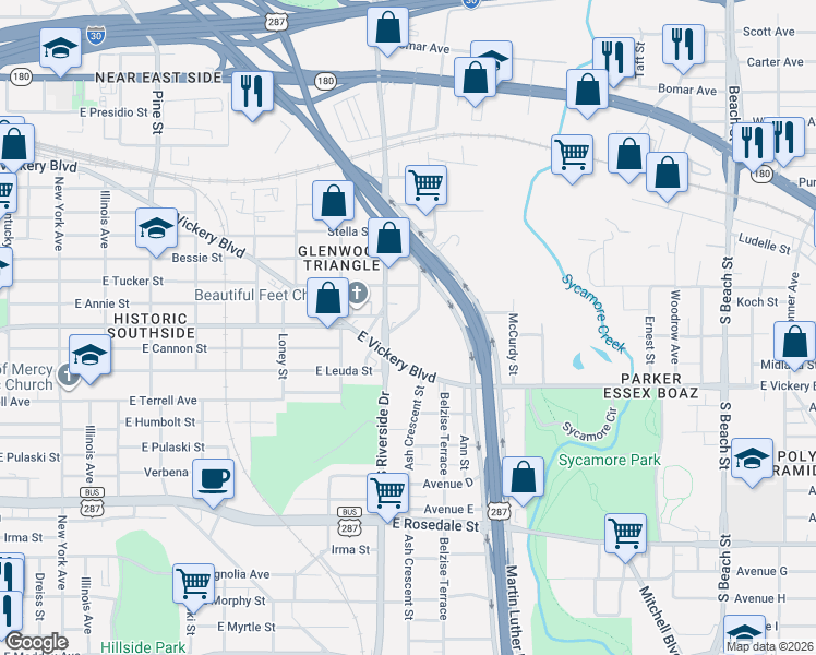 map of restaurants, bars, coffee shops, grocery stores, and more near 717 Cromwell Street in Fort Worth