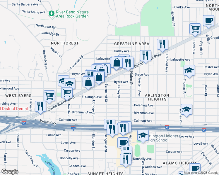 map of restaurants, bars, coffee shops, grocery stores, and more near 4725 Collinwood Avenue in Fort Worth