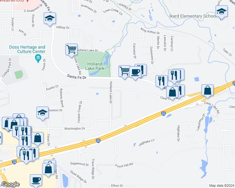 map of restaurants, bars, coffee shops, grocery stores, and more near 1650 Holland Lake Drive in Weatherford