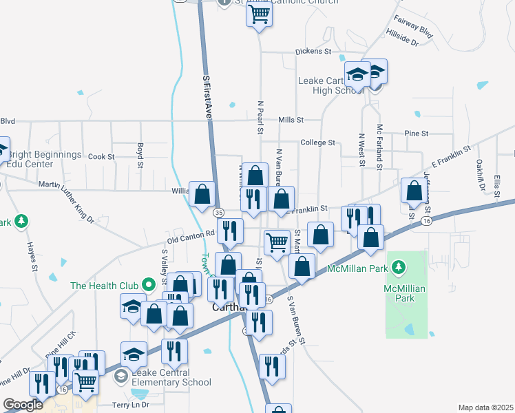 map of restaurants, bars, coffee shops, grocery stores, and more near 201 North Pearl Street in Carthage