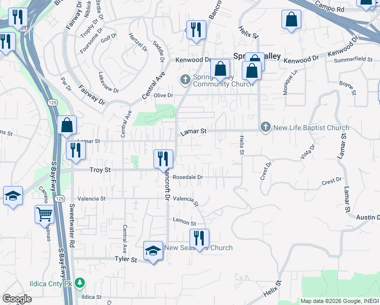 map of restaurants, bars, coffee shops, grocery stores, and more near 9035 Mac Lane in Spring Valley