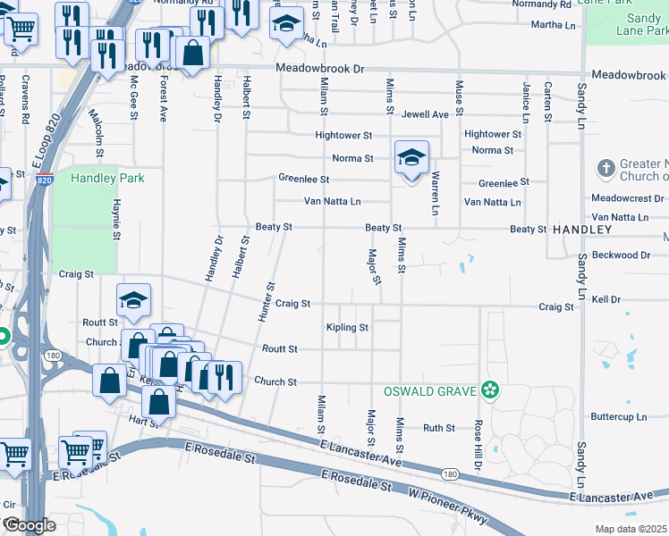 map of restaurants, bars, coffee shops, grocery stores, and more near 2855 Milam Street in Fort Worth