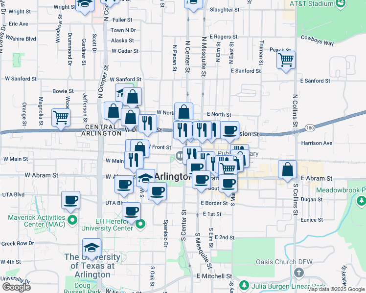 map of restaurants, bars, coffee shops, grocery stores, and more near 200 West Front Street in Arlington