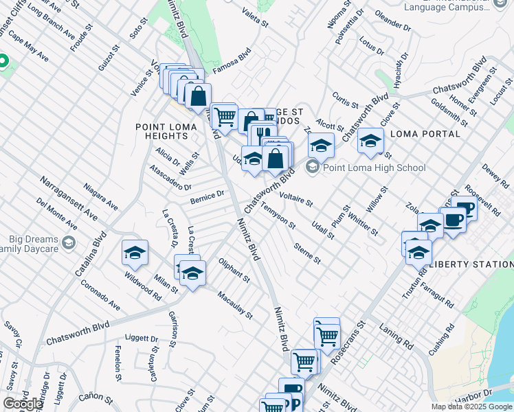 map of restaurants, bars, coffee shops, grocery stores, and more near 2089 Chatsworth Boulevard in San Diego
