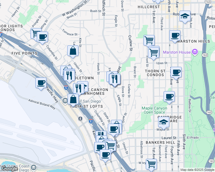 map of restaurants, bars, coffee shops, grocery stores, and more near 3122 Falcon Street in San Diego