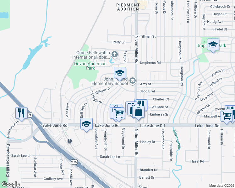 map of restaurants, bars, coffee shops, grocery stores, and more near 1456 Templecliff Drive in Dallas