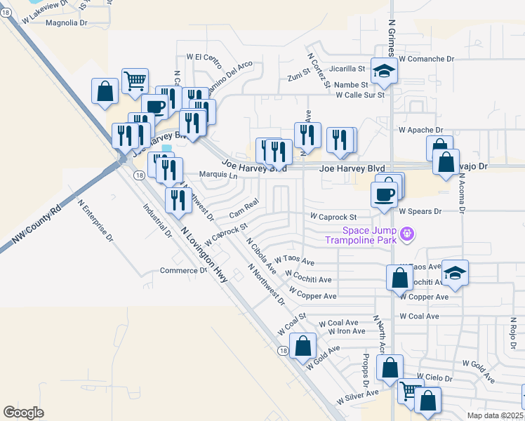 map of restaurants, bars, coffee shops, grocery stores, and more near 1418 West Caprock Street in Hobbs