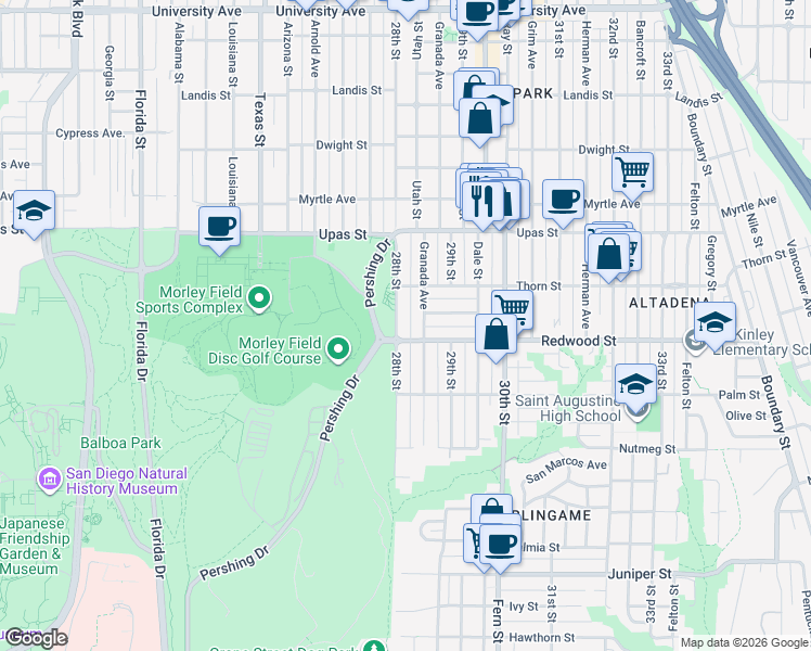 map of restaurants, bars, coffee shops, grocery stores, and more near 3123 28th Street in San Diego