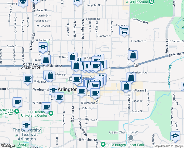 map of restaurants, bars, coffee shops, grocery stores, and more near 307 East Front Street in Arlington