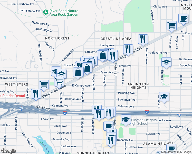 map of restaurants, bars, coffee shops, grocery stores, and more near 4725 Collinwood Avenue in Fort Worth