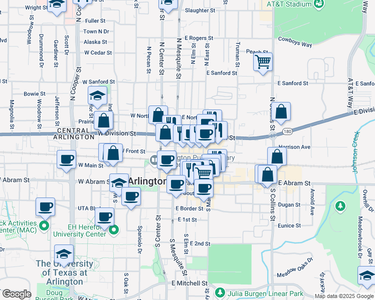map of restaurants, bars, coffee shops, grocery stores, and more near 307 East Front Street in Arlington