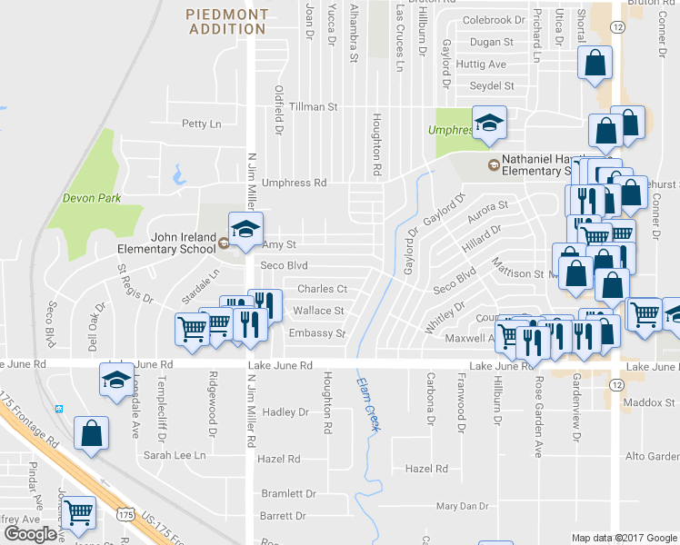 map of restaurants, bars, coffee shops, grocery stores, and more near 7312 Seco Boulevard in Dallas