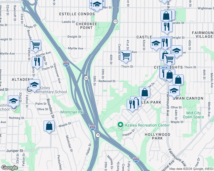 map of restaurants, bars, coffee shops, grocery stores, and more near 3050 40th Street in San Diego