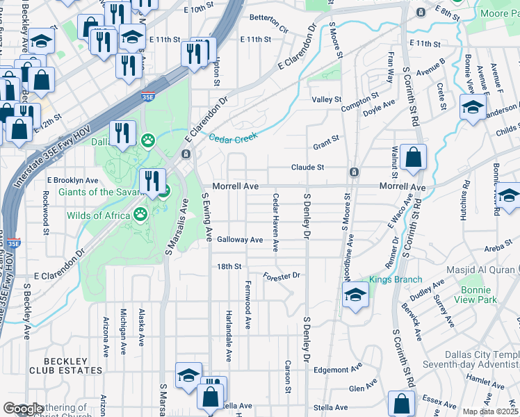 map of restaurants, bars, coffee shops, grocery stores, and more near 1019 Strickland Street in Dallas