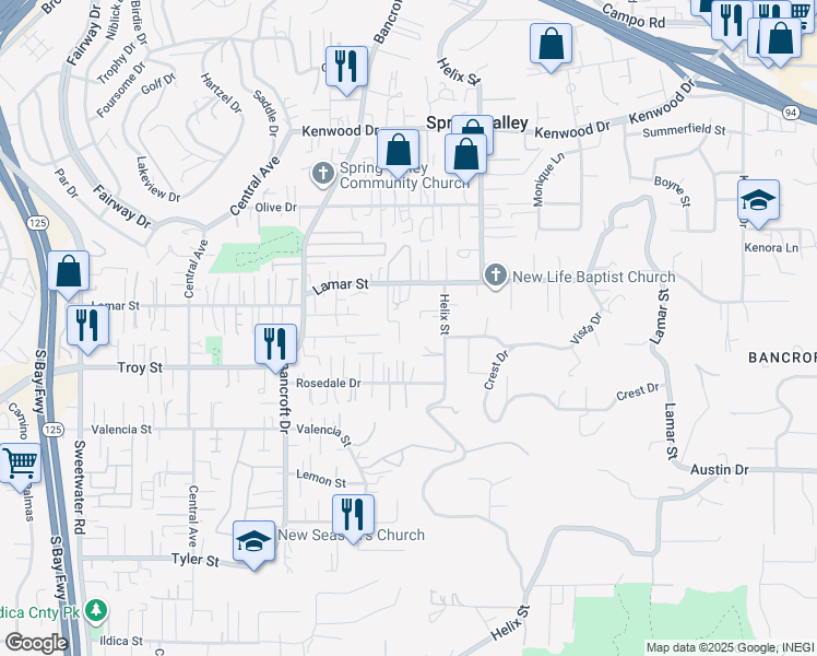 map of restaurants, bars, coffee shops, grocery stores, and more near 3035 Avenida De Lamar in Spring Valley