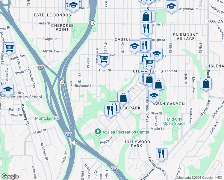 map of restaurants, bars, coffee shops, grocery stores, and more near 4131 Redwood Street in San Diego