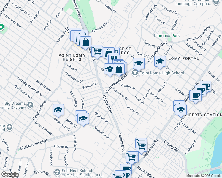 map of restaurants, bars, coffee shops, grocery stores, and more near 2089 Chatsworth Boulevard in San Diego
