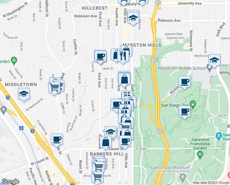 map of restaurants, bars, coffee shops, grocery stores, and more near 3065 Third Avenue in San Diego