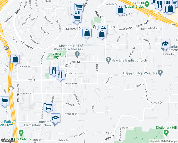 map of restaurants, bars, coffee shops, grocery stores, and more near 3035 Avenida De Lamar in Spring Valley