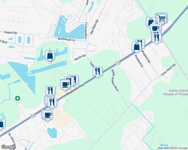 map of restaurants, bars, coffee shops, grocery stores, and more near 3014 Maybank Highway in Johns Island