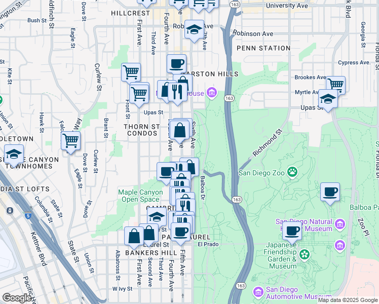 map of restaurants, bars, coffee shops, grocery stores, and more near 3111 Sixth Avenue in San Diego