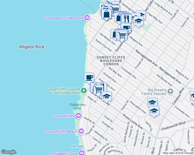 map of restaurants, bars, coffee shops, grocery stores, and more near Sunset Cliffs Blvd & Pescadero Ave in San Diego