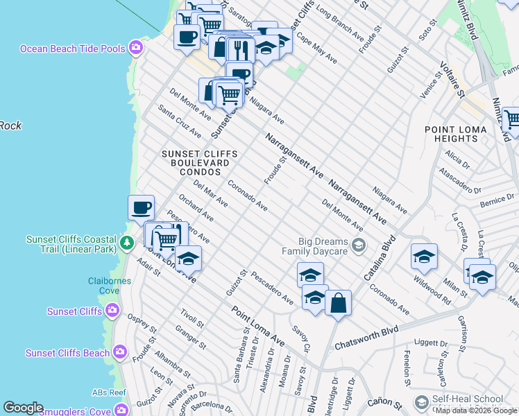 map of restaurants, bars, coffee shops, grocery stores, and more near 4571 Coronado Avenue in San Diego