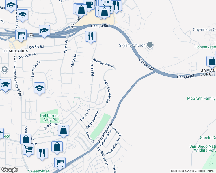 map of restaurants, bars, coffee shops, grocery stores, and more near Calle Los Arboles in Spring Valley