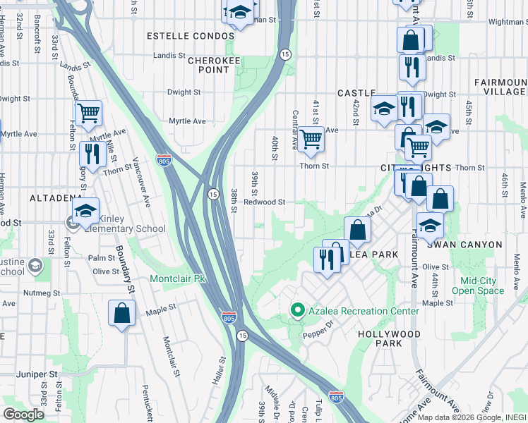 map of restaurants, bars, coffee shops, grocery stores, and more near 3050 40th Street in San Diego