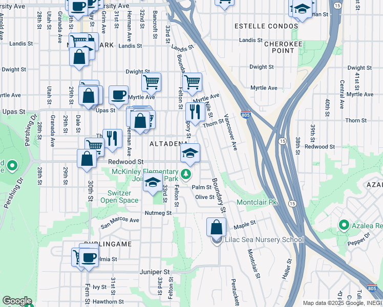 map of restaurants, bars, coffee shops, grocery stores, and more near 3352 Redwood Street in San Diego