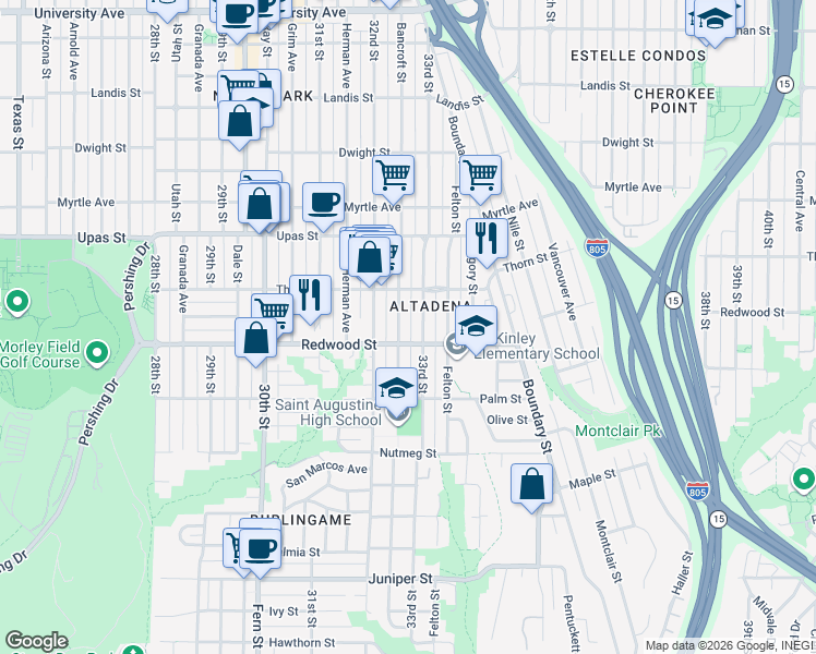 map of restaurants, bars, coffee shops, grocery stores, and more near 3105 33rd Street in San Diego