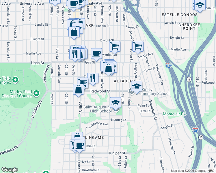 map of restaurants, bars, coffee shops, grocery stores, and more near 3105 Herman Avenue in San Diego