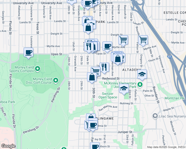 map of restaurants, bars, coffee shops, grocery stores, and more near in San Diego