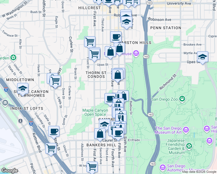 map of restaurants, bars, coffee shops, grocery stores, and more near 3065 Third Avenue in San Diego
