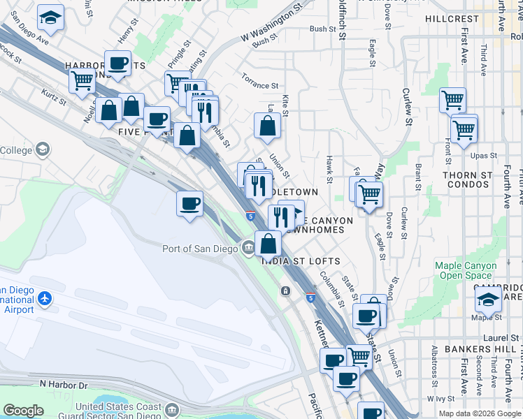 map of restaurants, bars, coffee shops, grocery stores, and more near 3342 Kettner Boulevard in San Diego