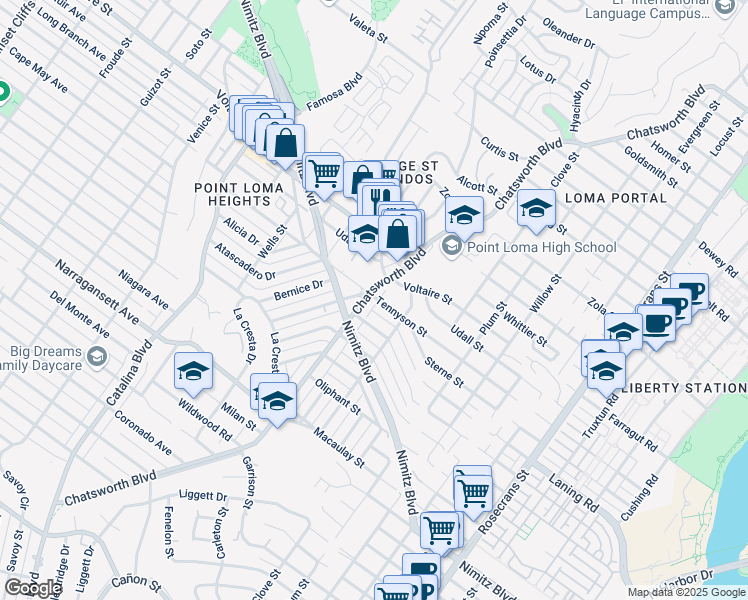 map of restaurants, bars, coffee shops, grocery stores, and more near 3662 Quimby Street in San Diego