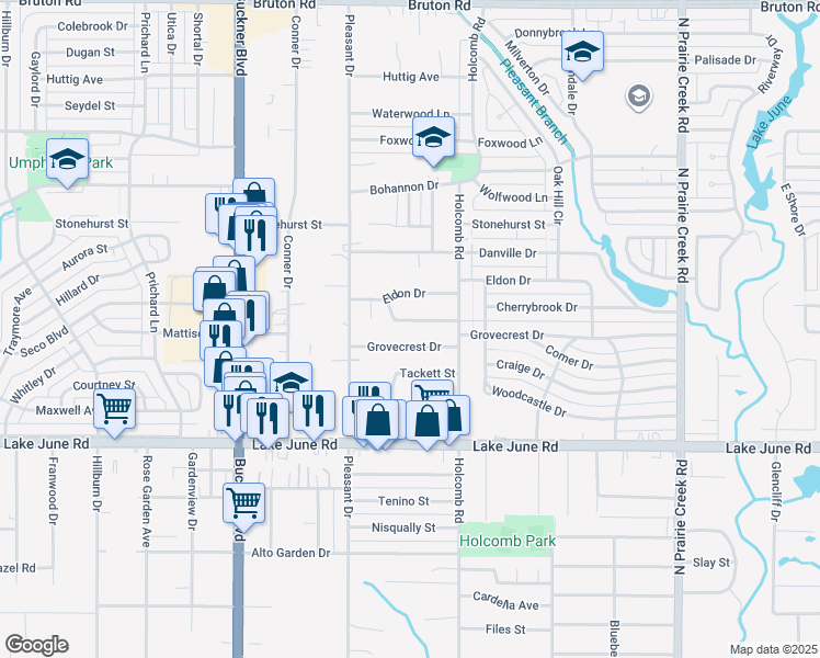 map of restaurants, bars, coffee shops, grocery stores, and more near 8339 Grovecrest Drive in Dallas