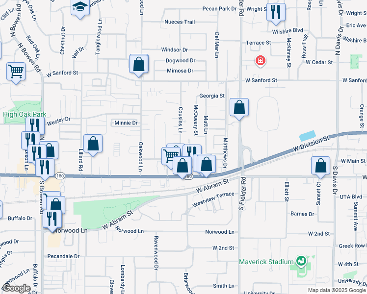 map of restaurants, bars, coffee shops, grocery stores, and more near 401 Cousins Lane in Arlington