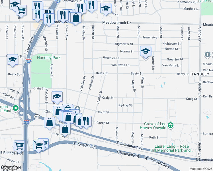 map of restaurants, bars, coffee shops, grocery stores, and more near 2865 Hunter Street in Fort Worth