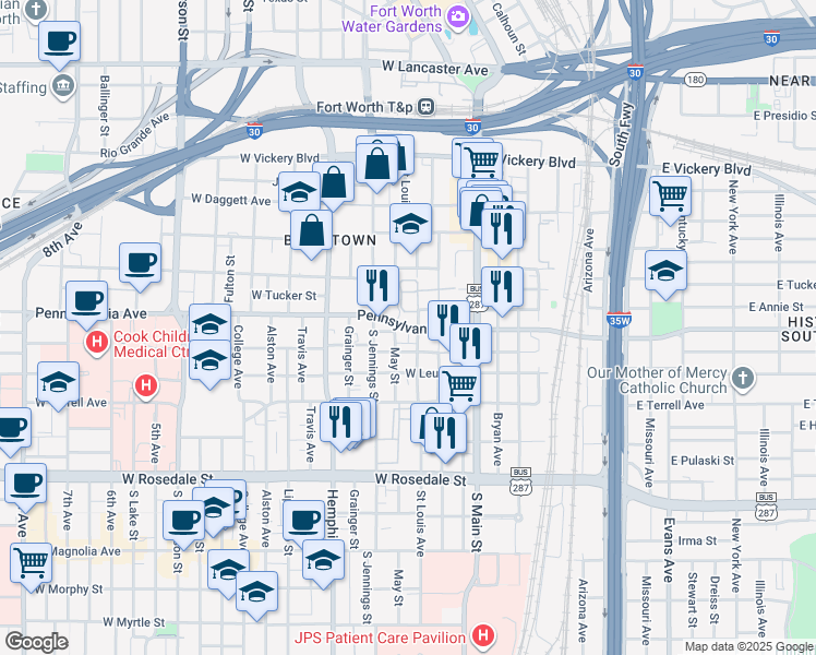 map of restaurants, bars, coffee shops, grocery stores, and more near 312 West Cannon Street in Fort Worth