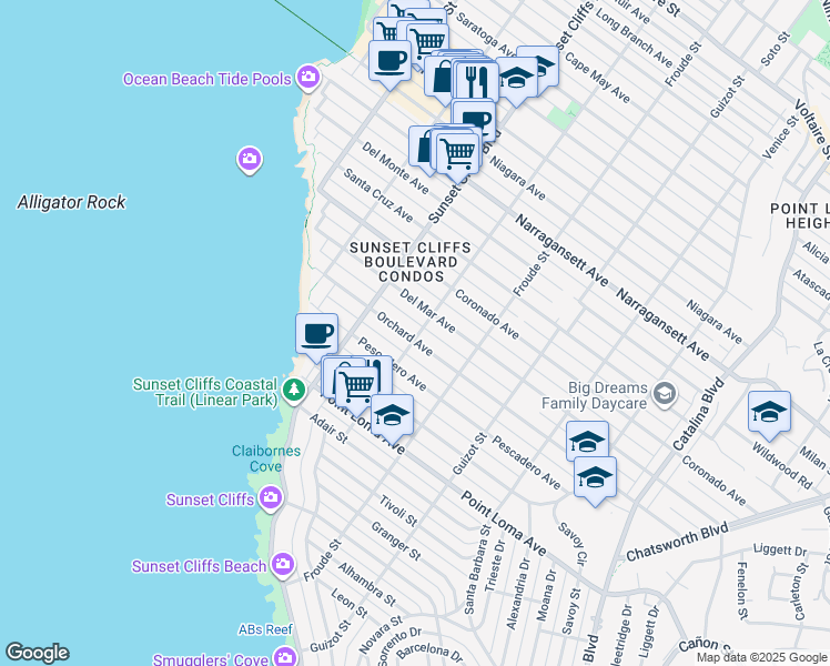 map of restaurants, bars, coffee shops, grocery stores, and more near 4666 Orchard Avenue in San Diego