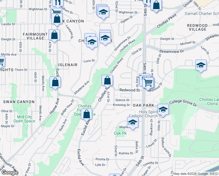 map of restaurants, bars, coffee shops, grocery stores, and more near 3145 Chollas Road in San Diego