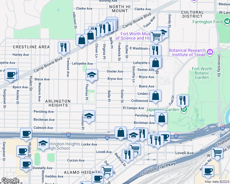 map of restaurants, bars, coffee shops, grocery stores, and more near 3920 Linden Avenue in Fort Worth