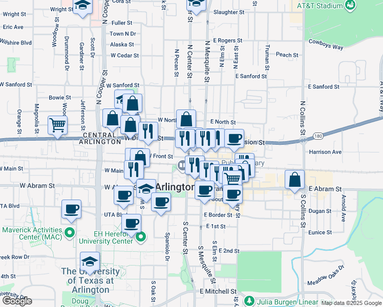 map of restaurants, bars, coffee shops, grocery stores, and more near 200 West Front Street in Arlington