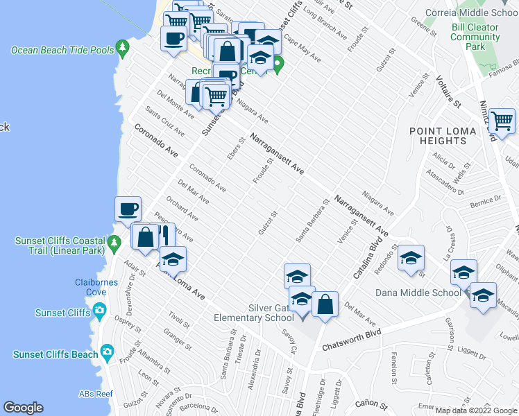 map of restaurants, bars, coffee shops, grocery stores, and more near 4546 Coronado Avenue in San Diego