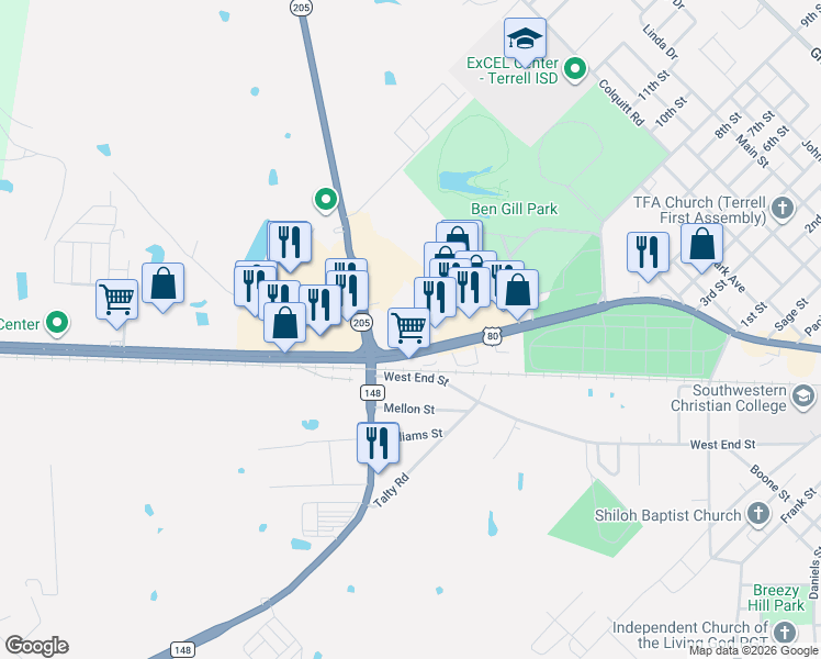 map of restaurants, bars, coffee shops, grocery stores, and more near 1608 West Moore Avenue in Terrell