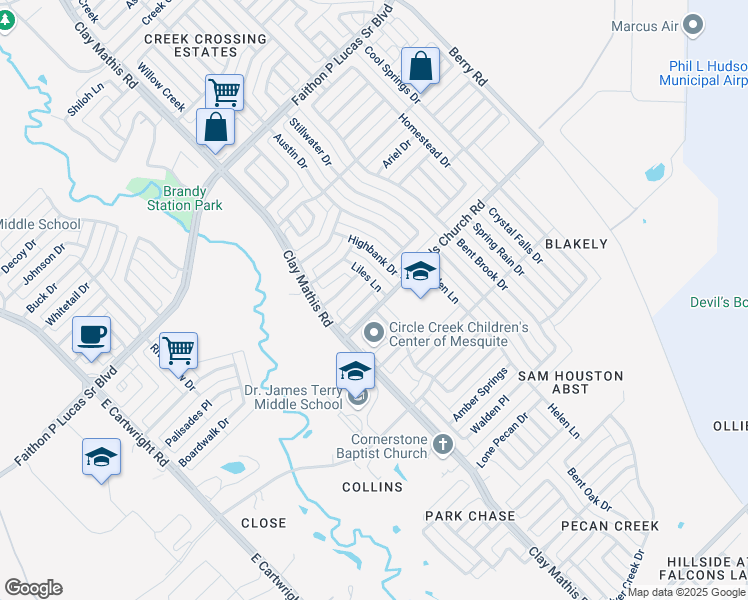 map of restaurants, bars, coffee shops, grocery stores, and more near 2216 Tanglewood Street in Mesquite