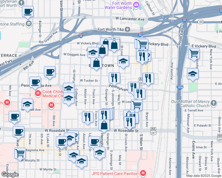 map of restaurants, bars, coffee shops, grocery stores, and more near 665 South Jennings Avenue in Fort Worth